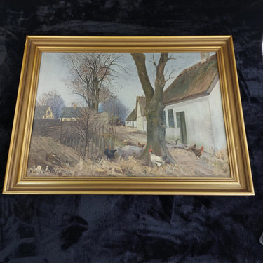 Original Bertel C. Nielsen Oil Painting – Chickens by a White Cottage | Vintage Danish Art | Framed